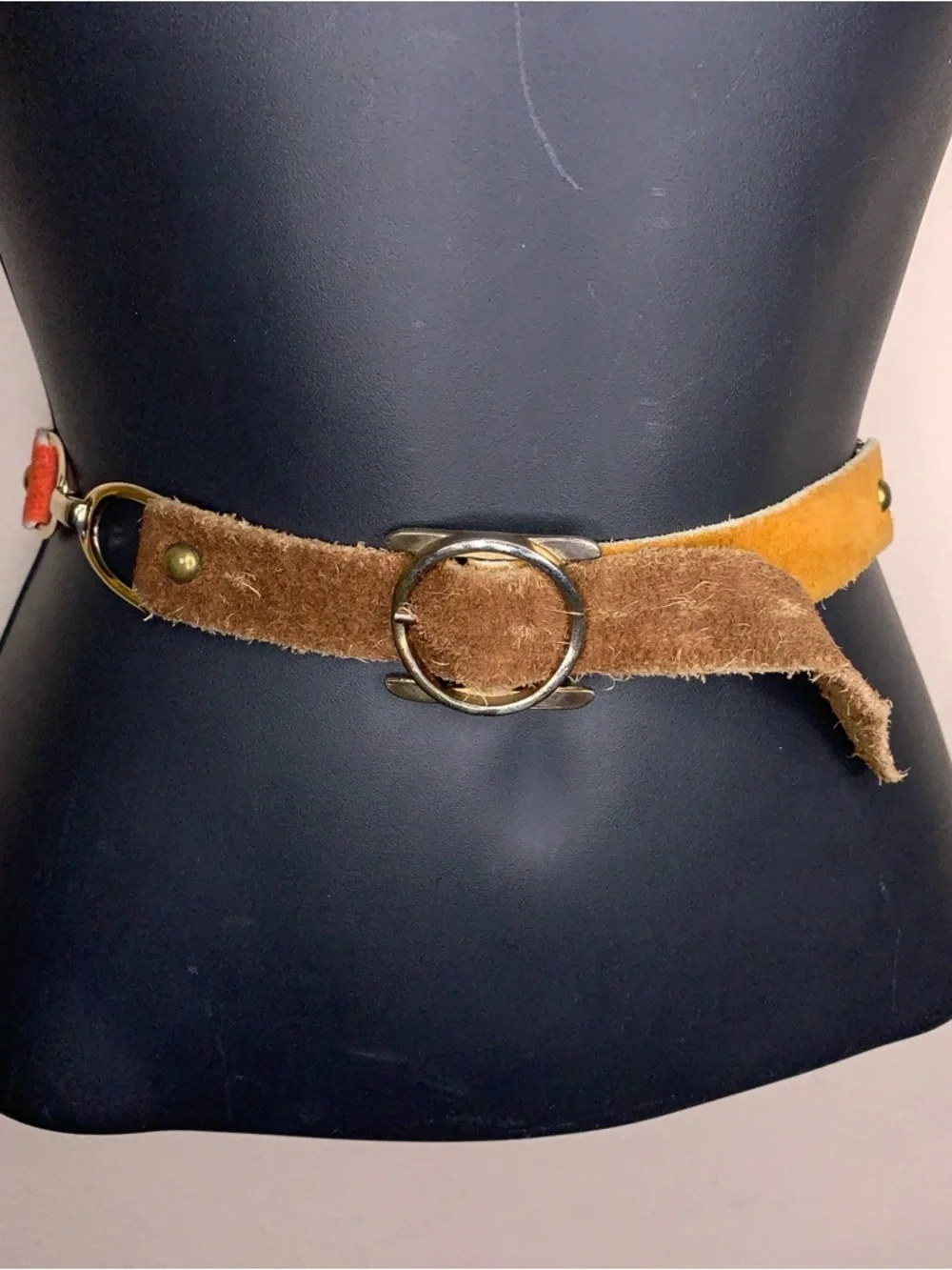 Vintage Small Western Belt Leather Multitone Red Tan Brown Gold Buckle Boho